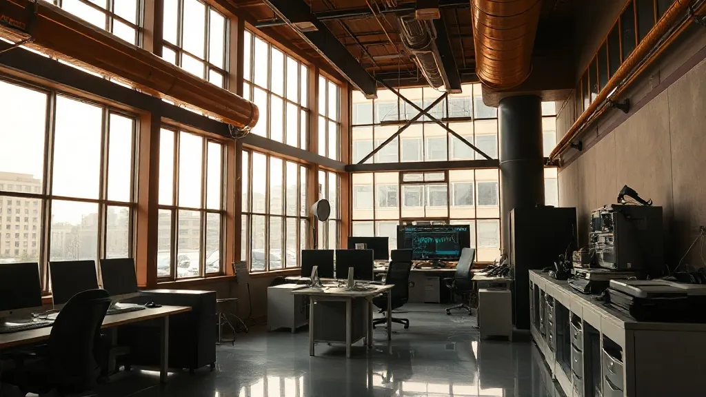 Professional clean office interior with large windows and te