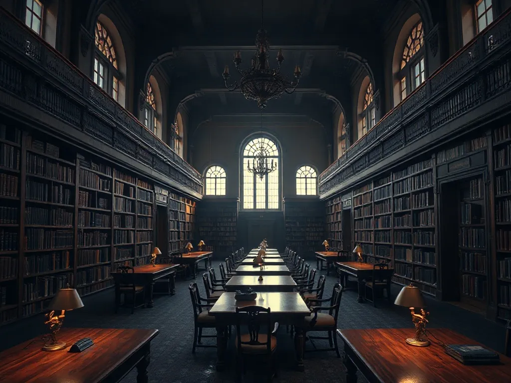Dark professional academic library with mahogany tables, bra
