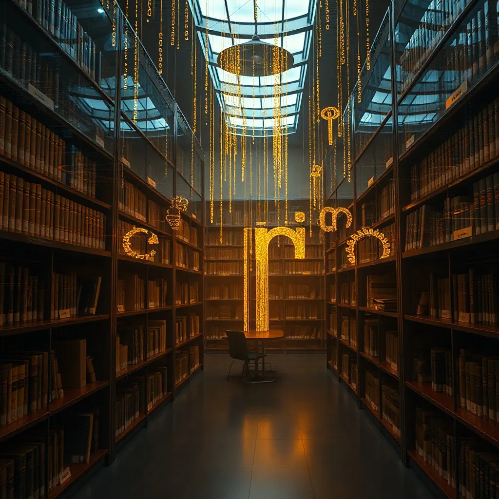 A high-tech digital library with glowing linguistic data str