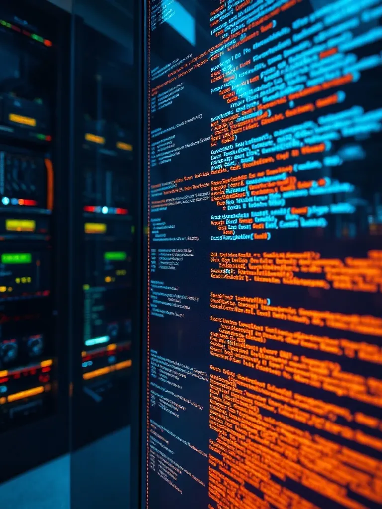 High-tech server room background with glowing lines of code